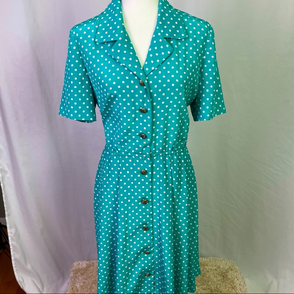 Vintage Leslie Fay Robin’s Egg Blue Dot Dress 8 - Picture 1 of 14